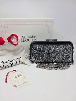 Alexander McQueen T-Bar Broken Glass Small Box Clutch Bag Black Silver Chain ITALY Gothic Crystals