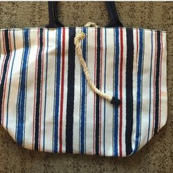 Estee Lauder Red White Blue Striped Tote Beach Bag With Handles Rope Ties Lined