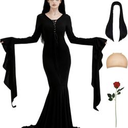 XL Morticia Costume for Women Vintage Gothic Witch Long Sleeve Dress Black Wig Rose