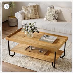 47.24-Inch Coffee Table, 2-Tier Rectangular Center Table with Curved Metal Legs, Industrial Coffee Desk Y-7