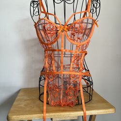 NWOT Orange Lace Flower Bodysuit Adjustable Size Large Lingerie 