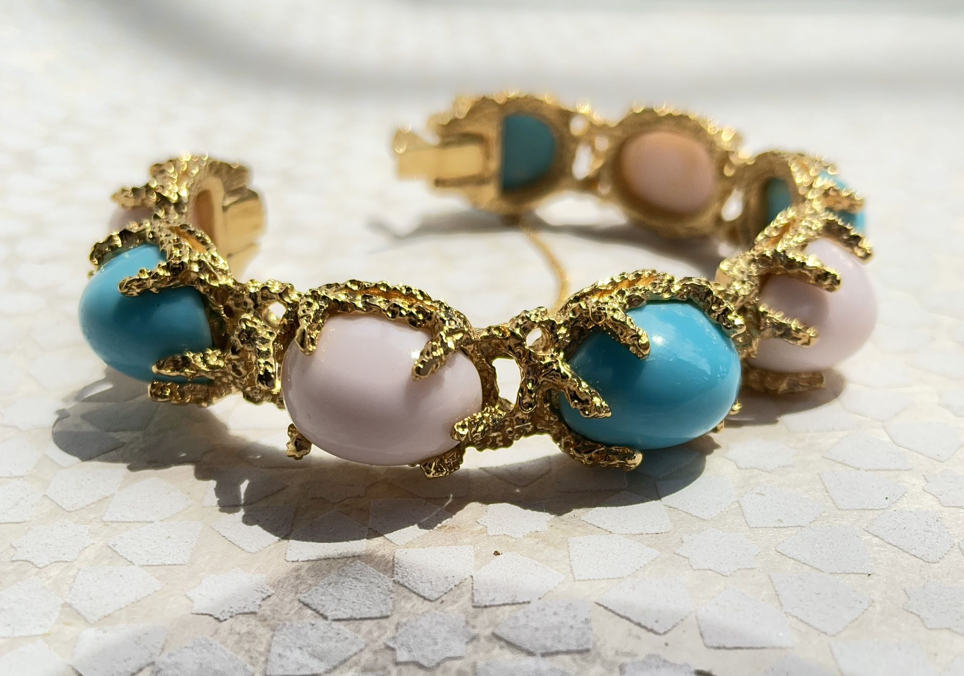 Vintage 1960’s Panetta Clasp Bracelet Cuff in Gold Tone w/ Pink and Turquoise Lucite Cabochons