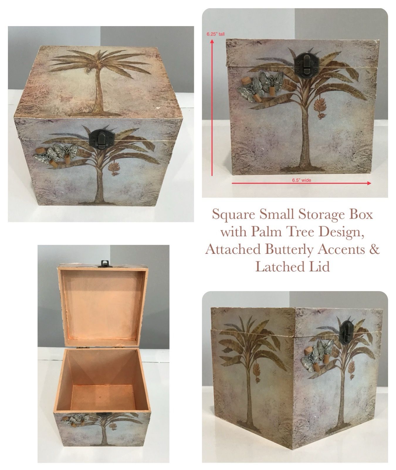 Square Small Storage Box with Palm Tree Design, Attached Butterly Accents & Latched Lid