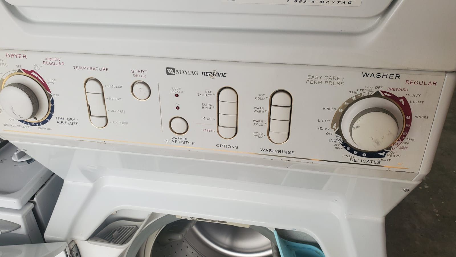 Stackable Maytag washer dryer has 50lb load gas