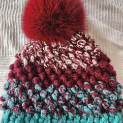 Kyi Kyi Beanie Hat Fur Pom Pom Teal Blue Magenta Red Bobble Stitch Winter