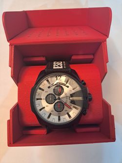 DIESEL Mega Chief Mens Chronograph Watch, Black Red White, Textile Logo Band
