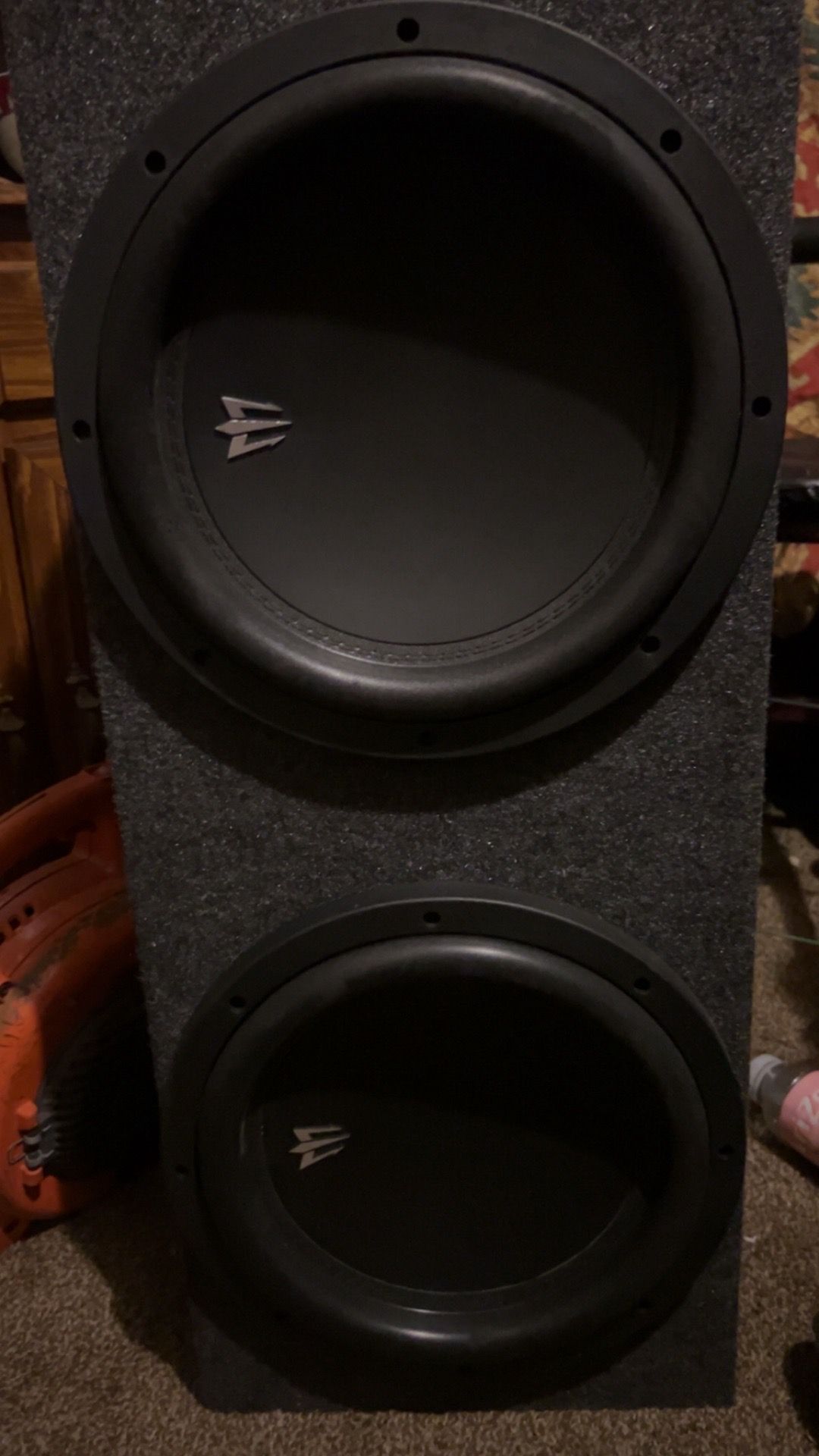 These speakers are Triton Audio dual 10-inch subwoofer included with Autotek TA-1255.2 car audio amplifier