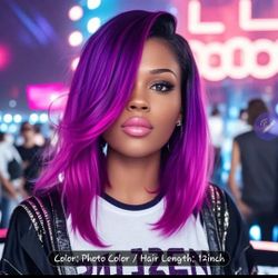 12" Pink Purple Ombre Synthetic Bob With Bangs