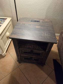 Dark Wood End Table with Built-In Charging Station