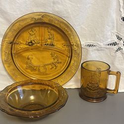 Vintage Tiara Amber Glass Child 3pc Set Mother Goose Nursery Rhymes
