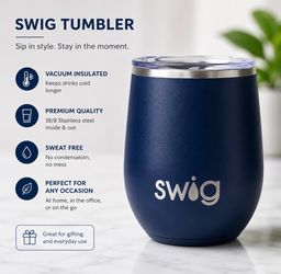 Swig Blue Stainless Steel Insulated Wine Tumblers w/ Drink-Through Lids (2) 14oz