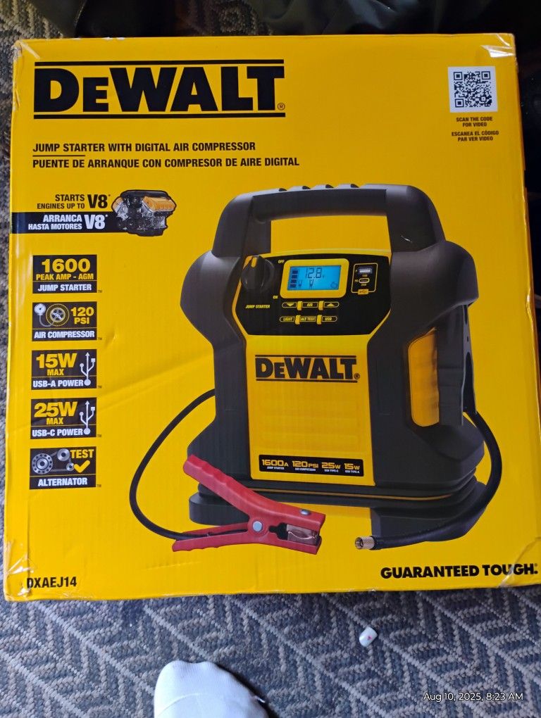 Brand New DeWalt 1600 Peak Amp Jump Starter with Digital Compressor and USB Power Bank