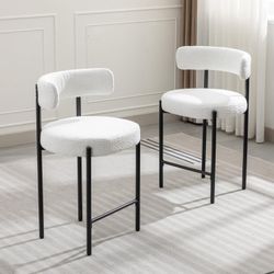 Counter Height Bar Stools, 24'' White Bar Stools Set of 2, Boucle Barstools with Back, Mid-Century