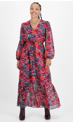 Bar III Floral-Print Long-Sleeve Maxi Dress-M