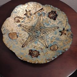 akcam art glass bowl, gold shells/sea star 12” handmade turkey