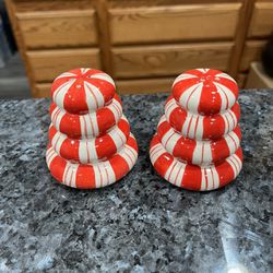 Vintage Ceramic Christmas Peppermint Candy Pair Of Salt And Pepper Shakers.  Brand New Never Used