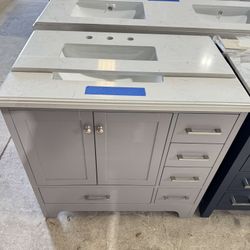 “36” Bathroom Vanity single sink, Soft Close Solid Wood in Gray Color with Marble Top in White  $515 