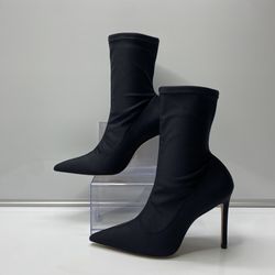 Price Negotiable. STUART WEITZMAN Women's 100S Bootie Black Stretch Satin Ankle Boots Size 8 NIB.