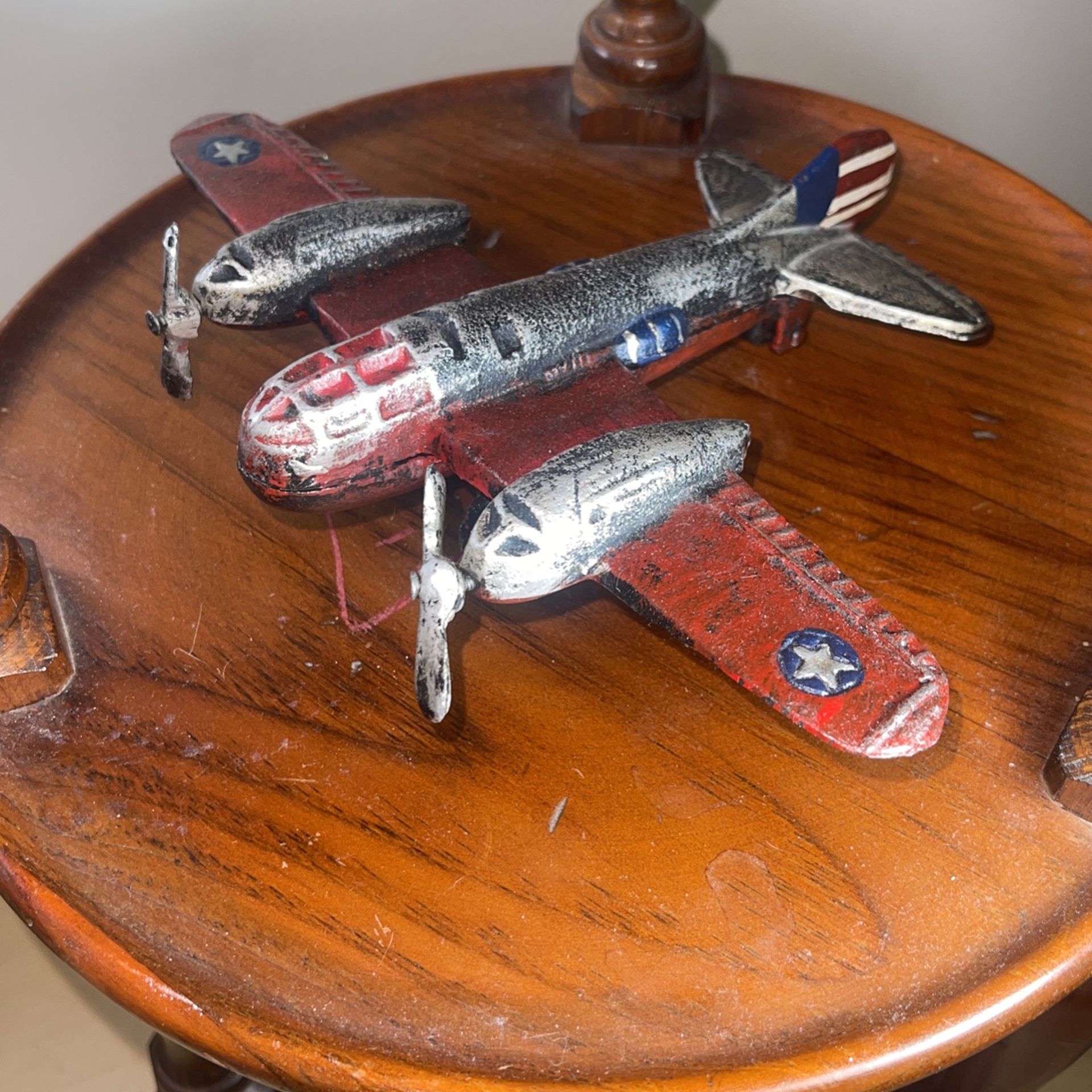 Vintage Heavy Red & Silver Cast Iron WW11 Style Plane 10