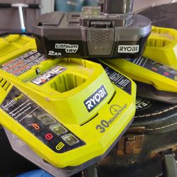 Two Ryobi One+ Power Tool Chargers With 2Ah Lithium Battery 