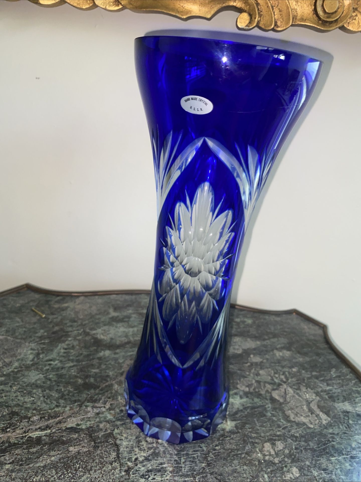 Cobalt Blue Cut To Clear 10.75 Inch Cased Glass Vase Czech or U.S.S.R. Origin