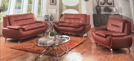 Modern style rust brown leather three piece couch set