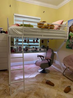 White Metal Loft Bed with Desk