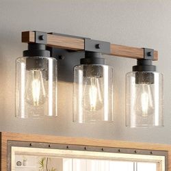 Amico 3-Light Farmhouse Vanity Light Fixture, Rustic Wood Bathroom Light Fixtures, Industrial Vintage Black Wall Sconces Lights with Bubble Glass Shad