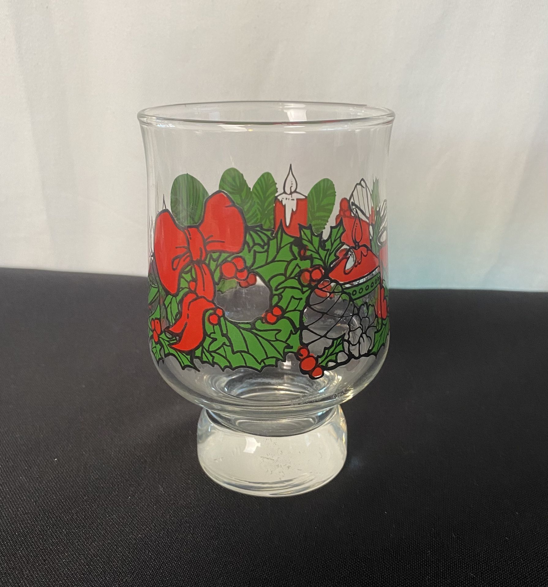 Vintage Libby Christmas Footed Tumbler Glass Wreath Holly Candle Bow Design Rare