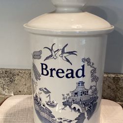 Bread Bin Blue and White by Melba Ware-decorated with the ever popular "Old Willow Pattern"-9.75" diameter x 16" high- in excellent condition 