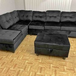 Brand New Heights Black Velvet Reversible Sectional With Storage Ottoman 