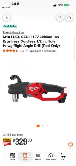 M18 FUEL GEN II 18V Lithium-Ion Brushless Cordless 1/2 in. Hole Hawg Right Angle Drill