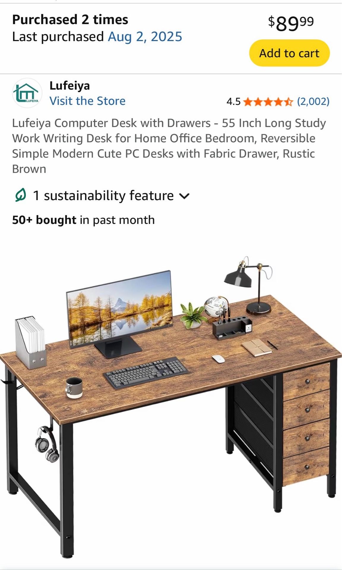 Sleek Work Desk for Cheap — Lufeiya Computer Desk with Drawers (originally $89 - can include desk chair and lamp)