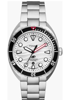 Fossil Stainless Steel Diver Watch - White Dial, Black Bezel Mens