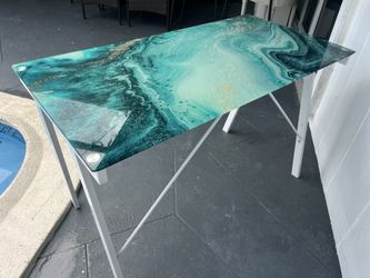 MAYA CAY BLUE GRAPHIC GLASS TOP DESK