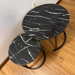 Nesting Coffee Table Set of 2, 27.6inch Round Coffee Table Wood Marble Pattern Top with Sturdy Metal Frame, End Table Side Tables for Living Room Bedr