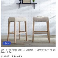 Upholstered Backless Saddle Seat Bar Stools 29” Height Set Of 2, Tan 