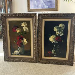 Vintage Oil Paintings Pair - Flowers