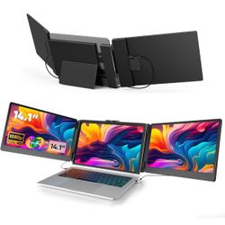 14" 1080P FHD Triple Portable Monitor Build-in Stand & Dual Speakers Fit for 13''-16.1'' Laptop, Plug and Play, Compatible with Windows, Mac, Chrome