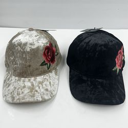 David & Young Women's Strapback Hat Black Velvet Velour Embroidered Rose SET 2