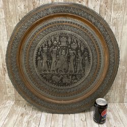 Vintage Antique Silver Tone & Copper Middle East Persian Art Tray Engraved 23”