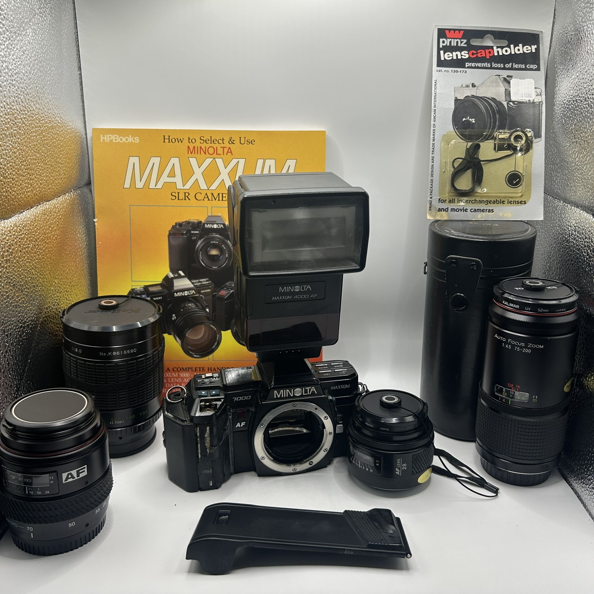 Vintage Minolta Maxxum 7000 Camera + 4 Lenses + Flash + Manual Bundle (AS IS)