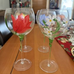 Blocks Basics Hand Painted Floral Wine Glasses - Set Of 4, Like New