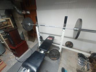 Weight bench and weights and bar