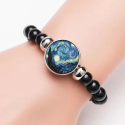 NEW Vintage Van Gogh Starry Sky Photo Glass Noosa Snap Chunk Elastic Beads Bracelet