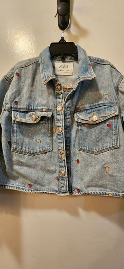 Zara Kids Strawberry Embroidered Crop Denim