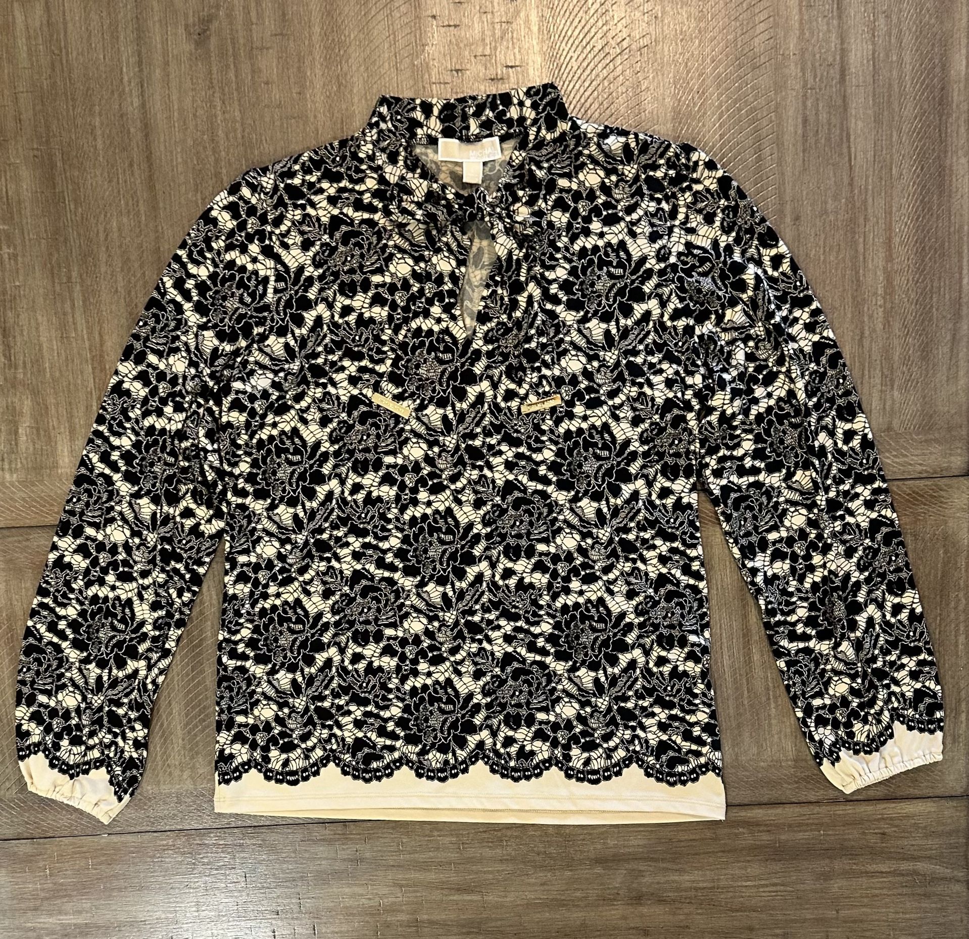 MICHAEL Michael Kors Yellow Black floral tie neck top Blouse long sleeve Size L