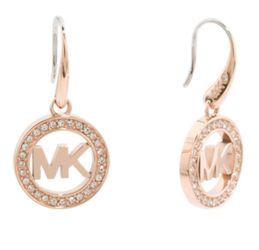 MICHAEL KORS Rose Gold Tone Logo Drop Dangle Pave Crystal Earrings