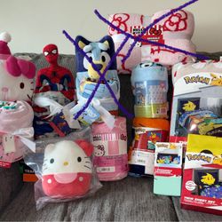 Brand New Kids blankets, plushies, and squishmallow dolls-Hello Kitty, Spider-Man, Pokémon, & Bluey!