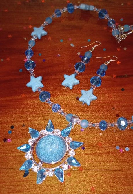Sunburst Star Rhinestone Crystal Pendant Turquoise Sunstone Necklace Earrings